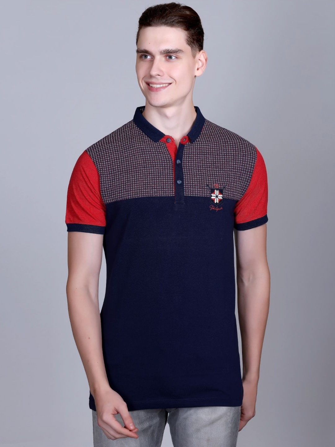 

CONFIDENCE Men Colourblocked Polo Collar Cotton Slim Fit T-shirt, Navy blue