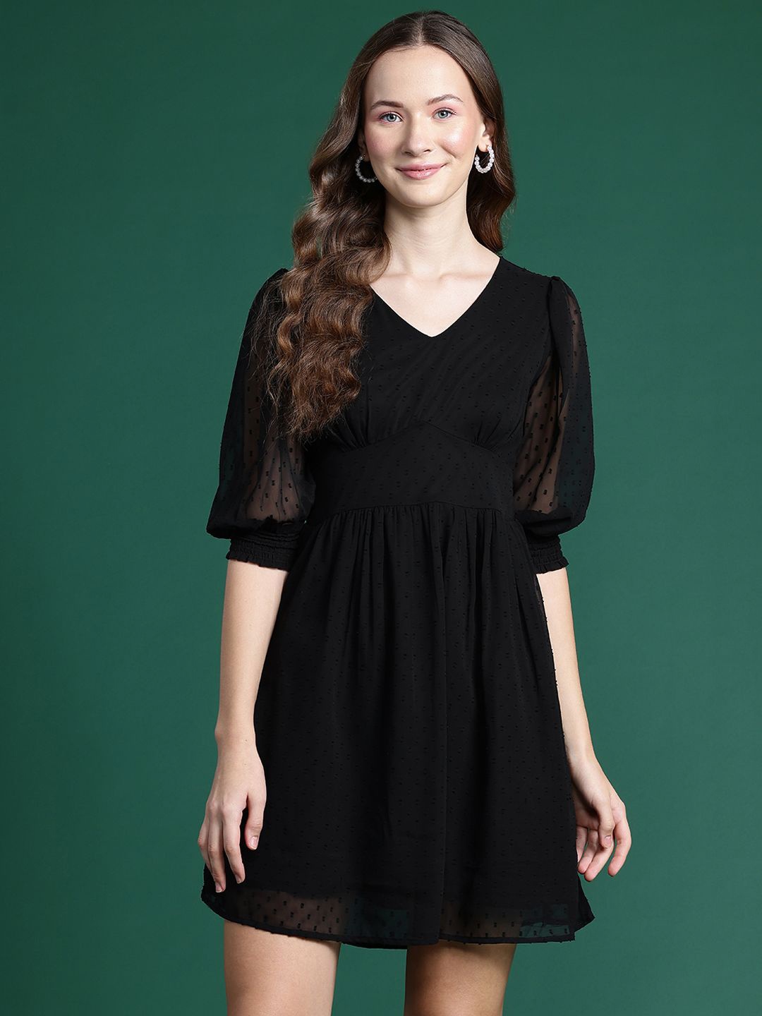 

Chemistry Women Puff Sleeve Georgette Fit & Flare Mini Dress, Black