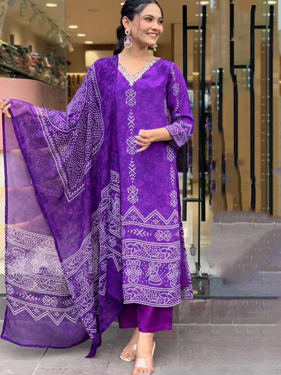 

ZIBLON Ethnic Motifs Printed V-Neck Straight Kurta With Trousers & Dupatta, Purple