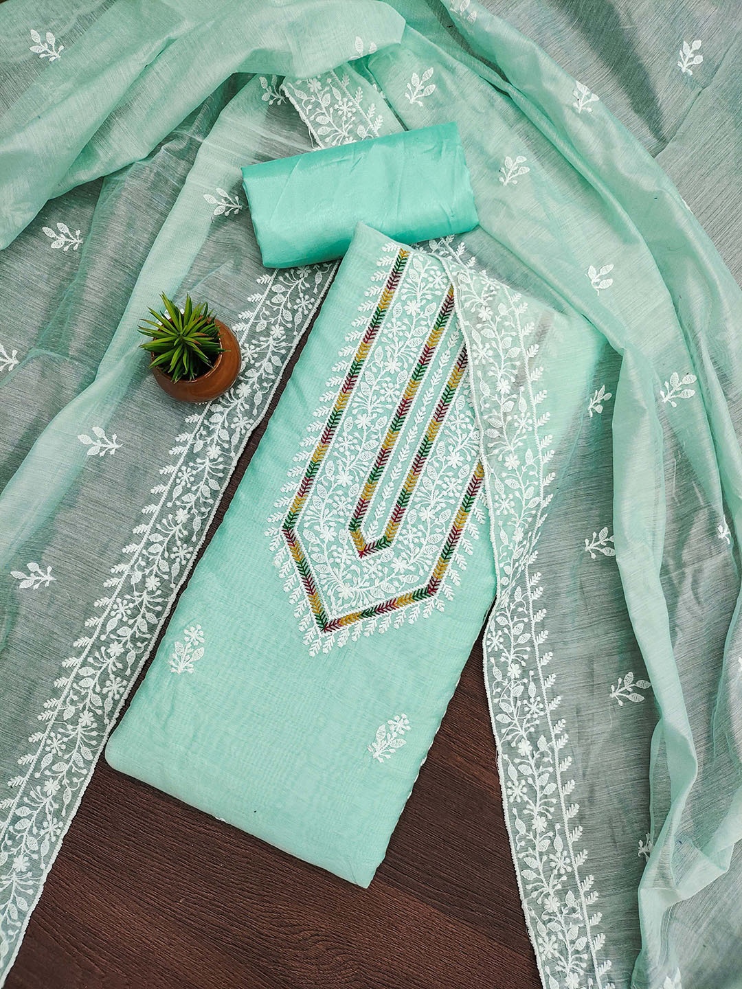 

MANVAA Floral Embroidered Modal Cotton Unstitched Dress Material, Sea green
