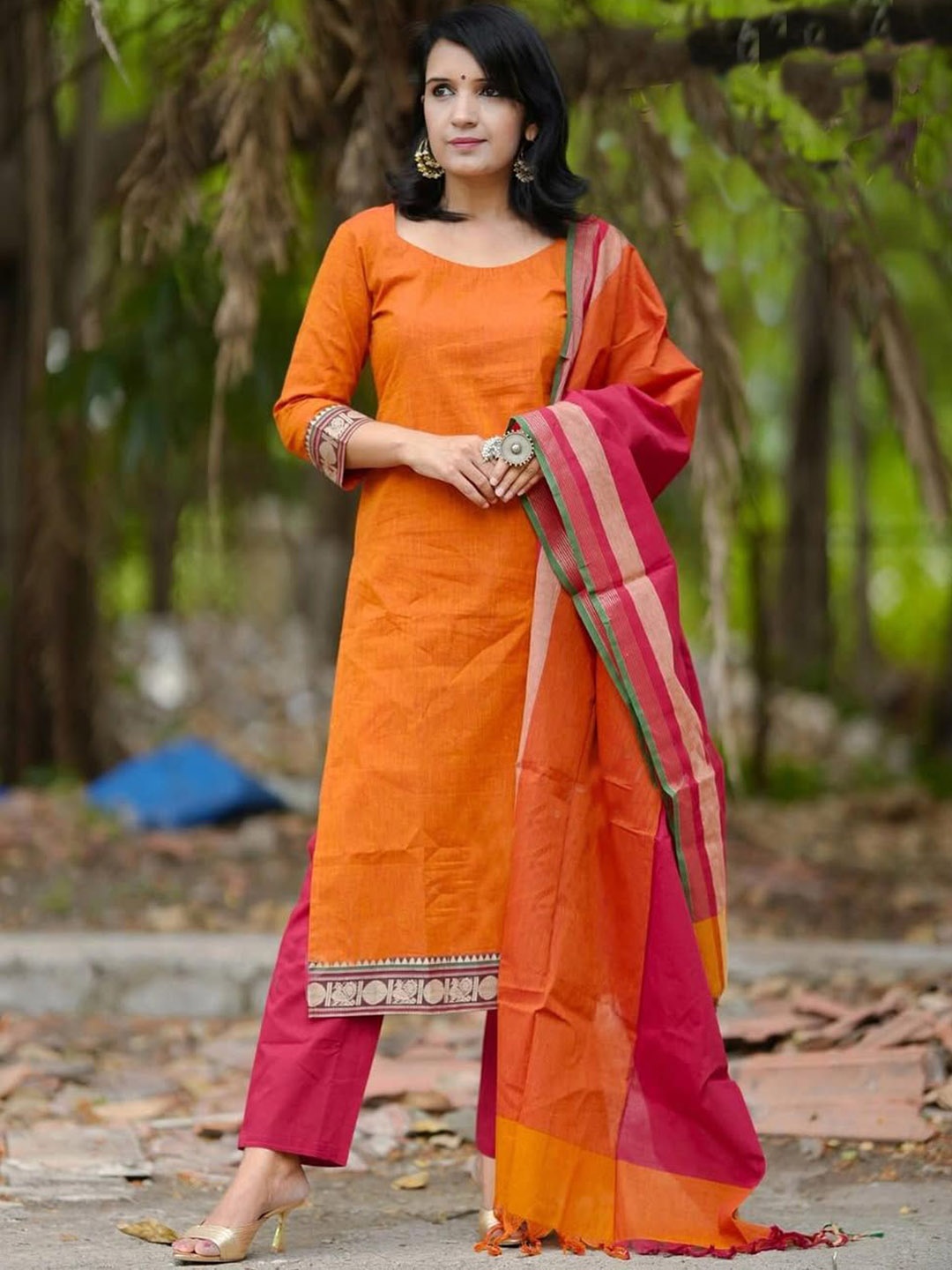 

Anni Designer Round Neck Kurta With Trousers & Dupatta, Orange