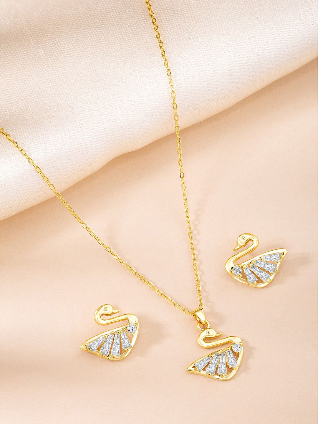 

Peora Gold Plated Artificial Stones Studded Swan Pendant and Earrings With Rose