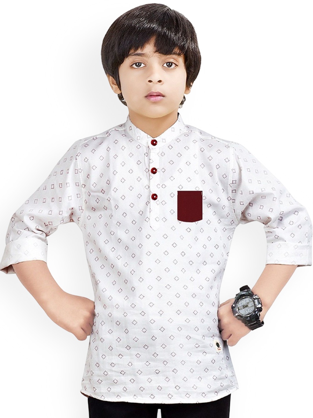 

MADE IN THE SHADE Boys Geometric Printed Band Collar Pure Cotton Short Kurta, White