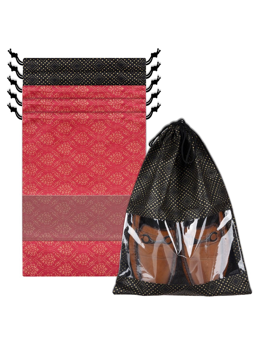 

Kuber Industries Black and Red 6 Pieces Printed Shoe Cover Bags