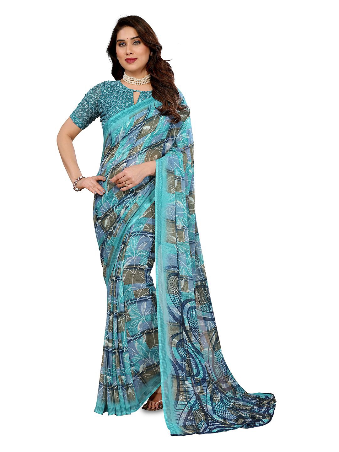 

Moda Rapido Floral Poly Georgette Saree, Teal