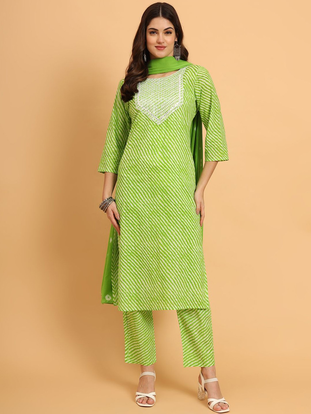 

ASHRU Leheriya Printed Mirror Work Straight Kurta With Trouser And Dupatta, Green