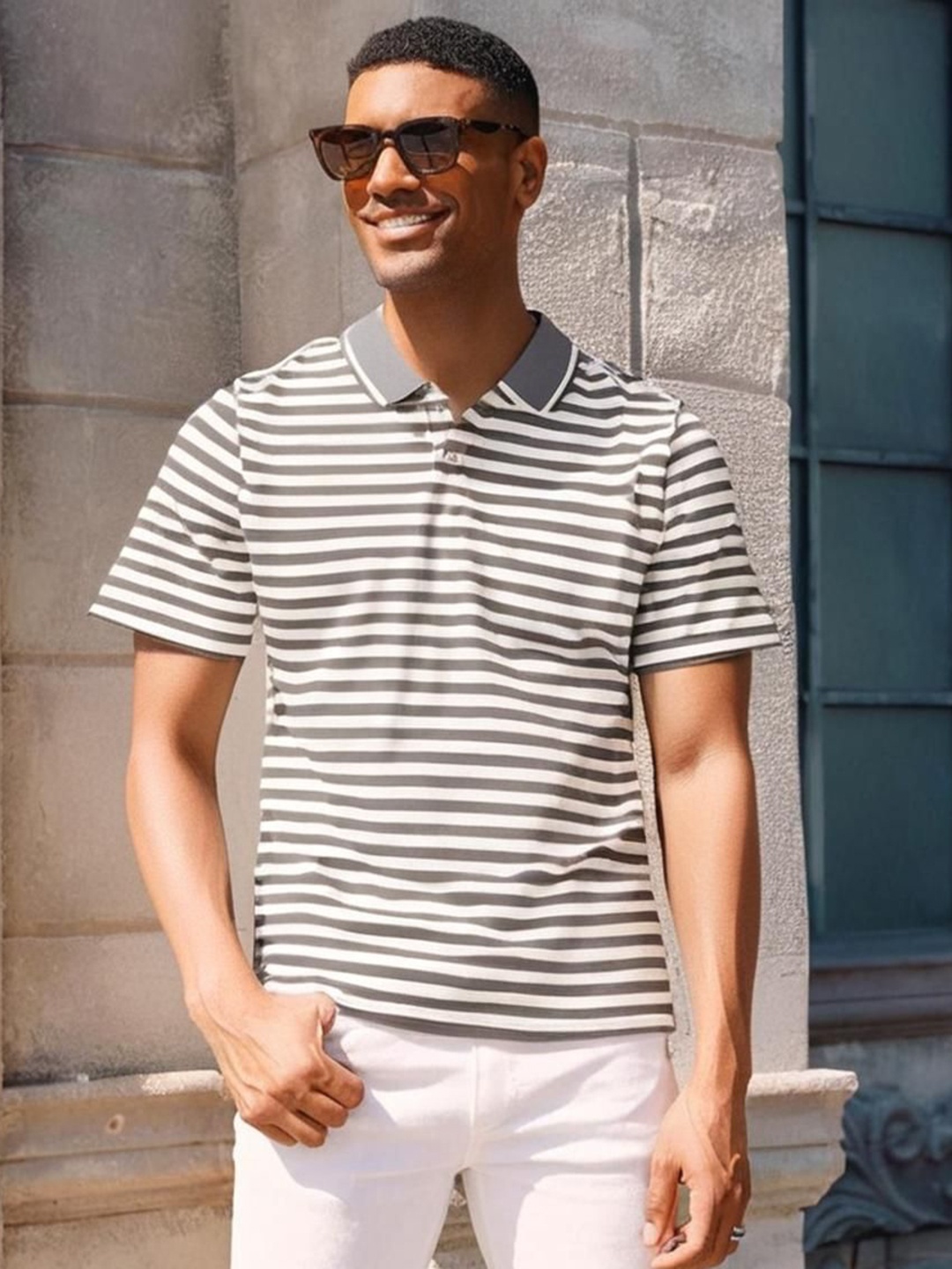 

MACK JONNEY Men Regular Fit Striped Polo Collar Cotton T-shirt, Grey