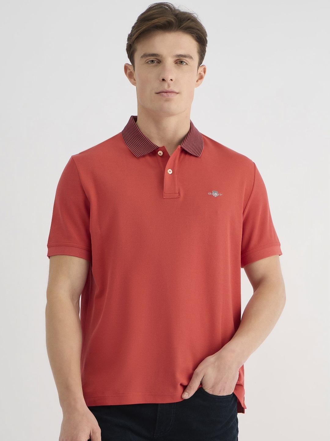 

GANT Men Solid Polo Collar Cotton T-shirt, Rust