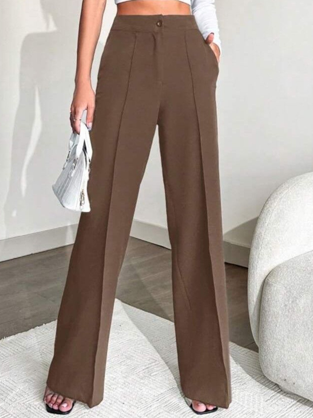 

BROADSTAR Women Smart Straight Fit High-Rise Easy Wash Pleated Trousers, Brown
