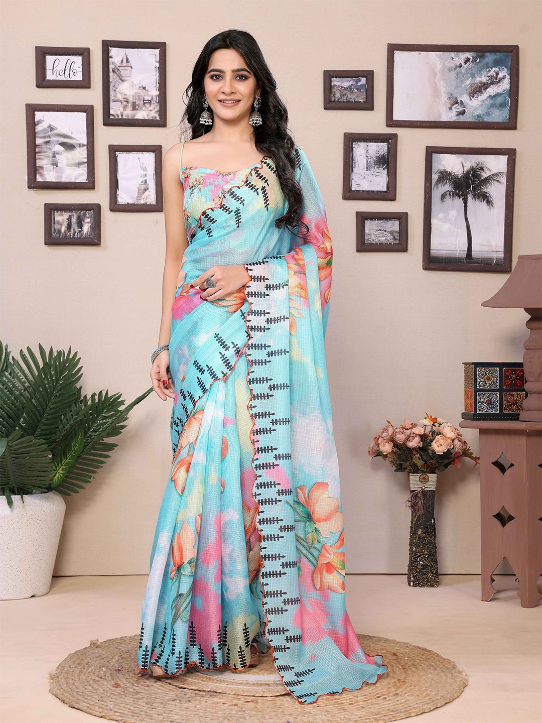 

Rhey Floral Pure Cotton Saree, Blue