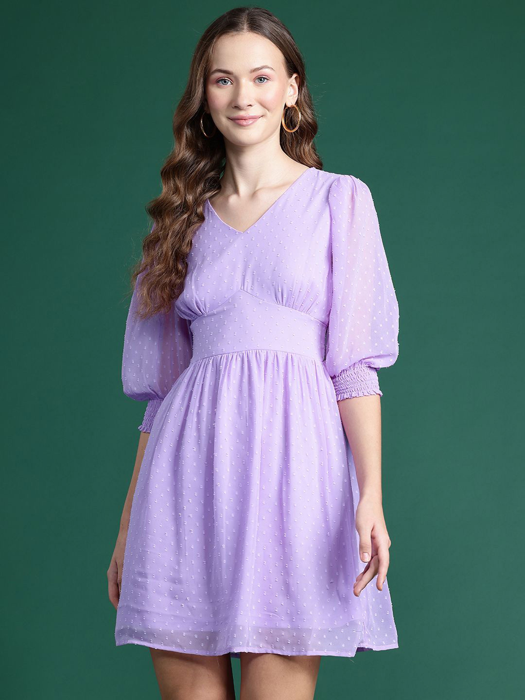 

Chemistry Women Self Design Fit and Flare Mini Dress, Lavender