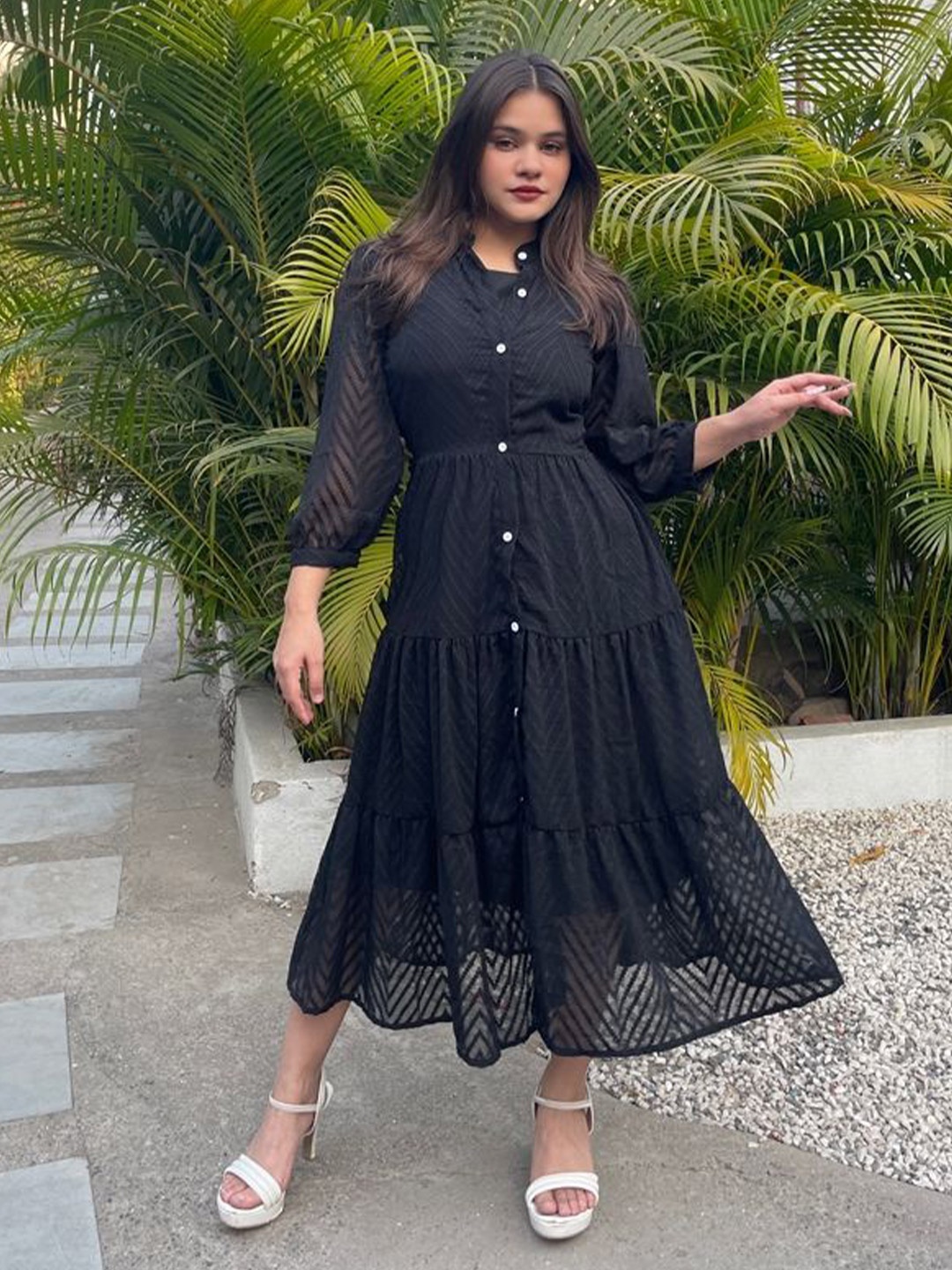 

Bhanderi Fashion Women Mandarin Collar A-Line Dress With Inner, Black