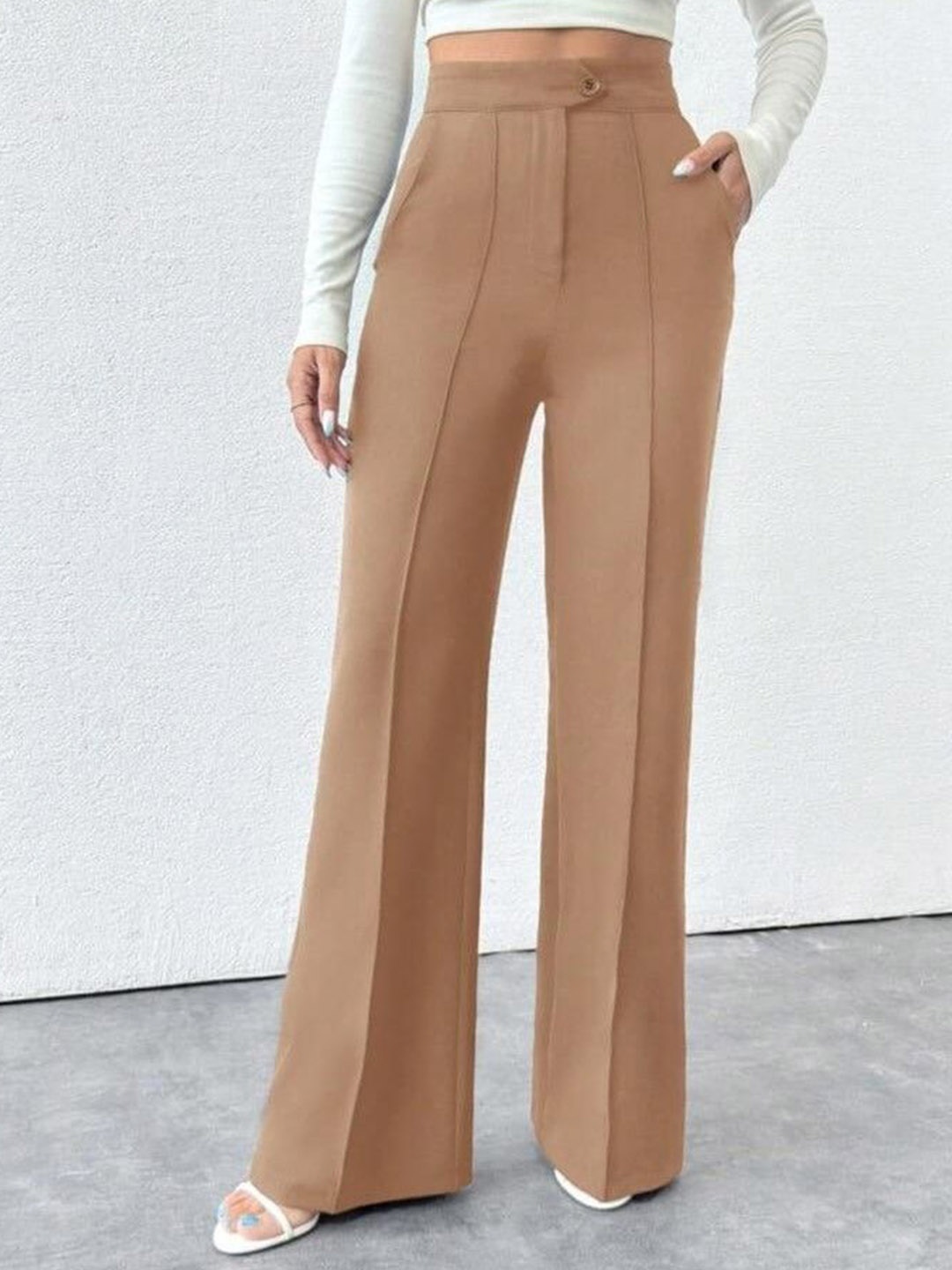

Next One Women Smart Straight Fit High-Rise Easy Wash Pleated Trousers, Beige