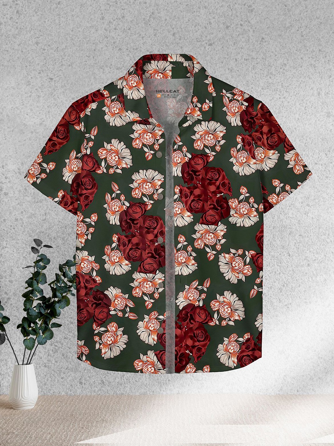 

HELLCAT Boys Spread Collar Floral Printed Cotton Casual Shirt, Green