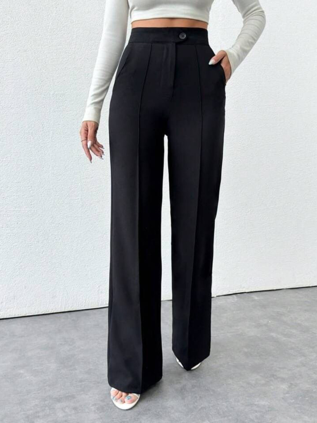 

Next One Women Smart Straight Fit High-Rise Easy Wash Pleated Trousers, Black