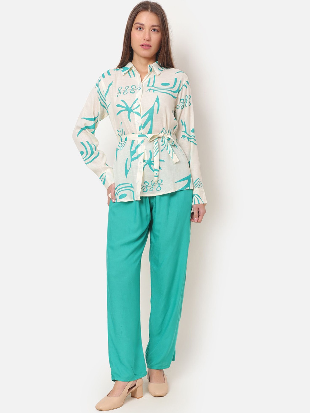 

ROSEMELON Abstract Printed Shirt Collar Shirt With Trouser, Green