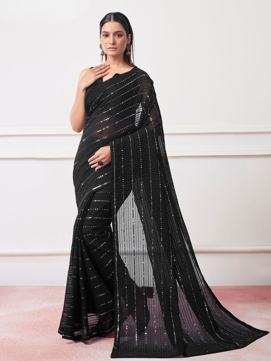 

ODETTE Black Georgette Sequins Saree With Unstitched Blouse For Women