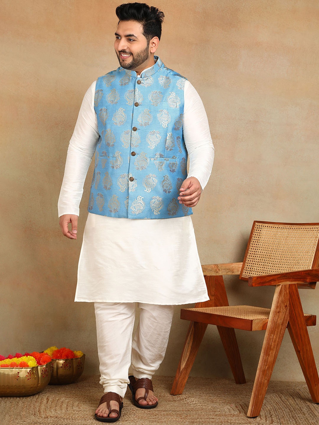 

Sztori Men Plus Size Woven-Design Nehru Jacket, Blue