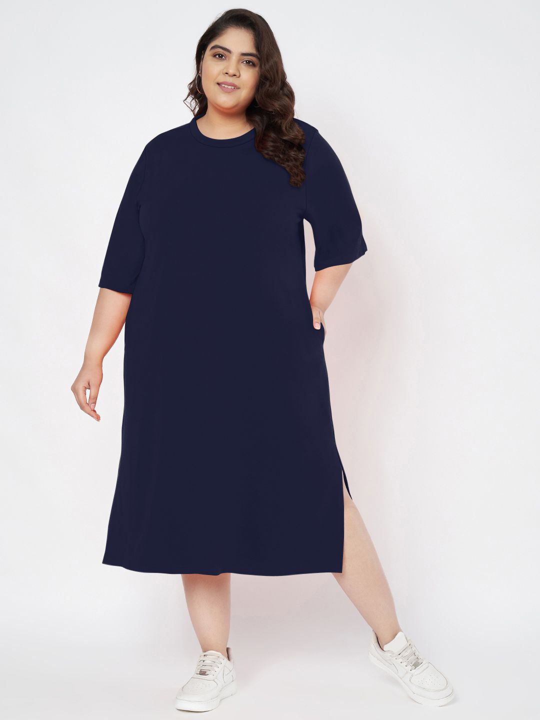 

BRINNS Women Plus Size Pure Cotton T-shirt Midi Dress, Navy blue