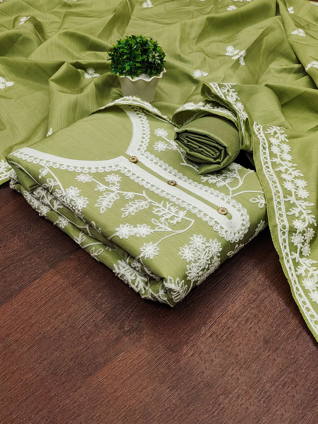 

MANVAA Floral Embroidered Unstitched Dress Material, Green