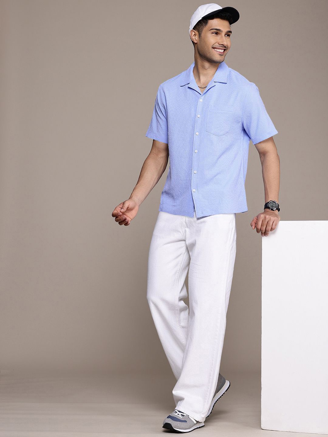 

Moda Rapido Men Standard Fit Cuban Collar Textured Casual Shirt, Blue