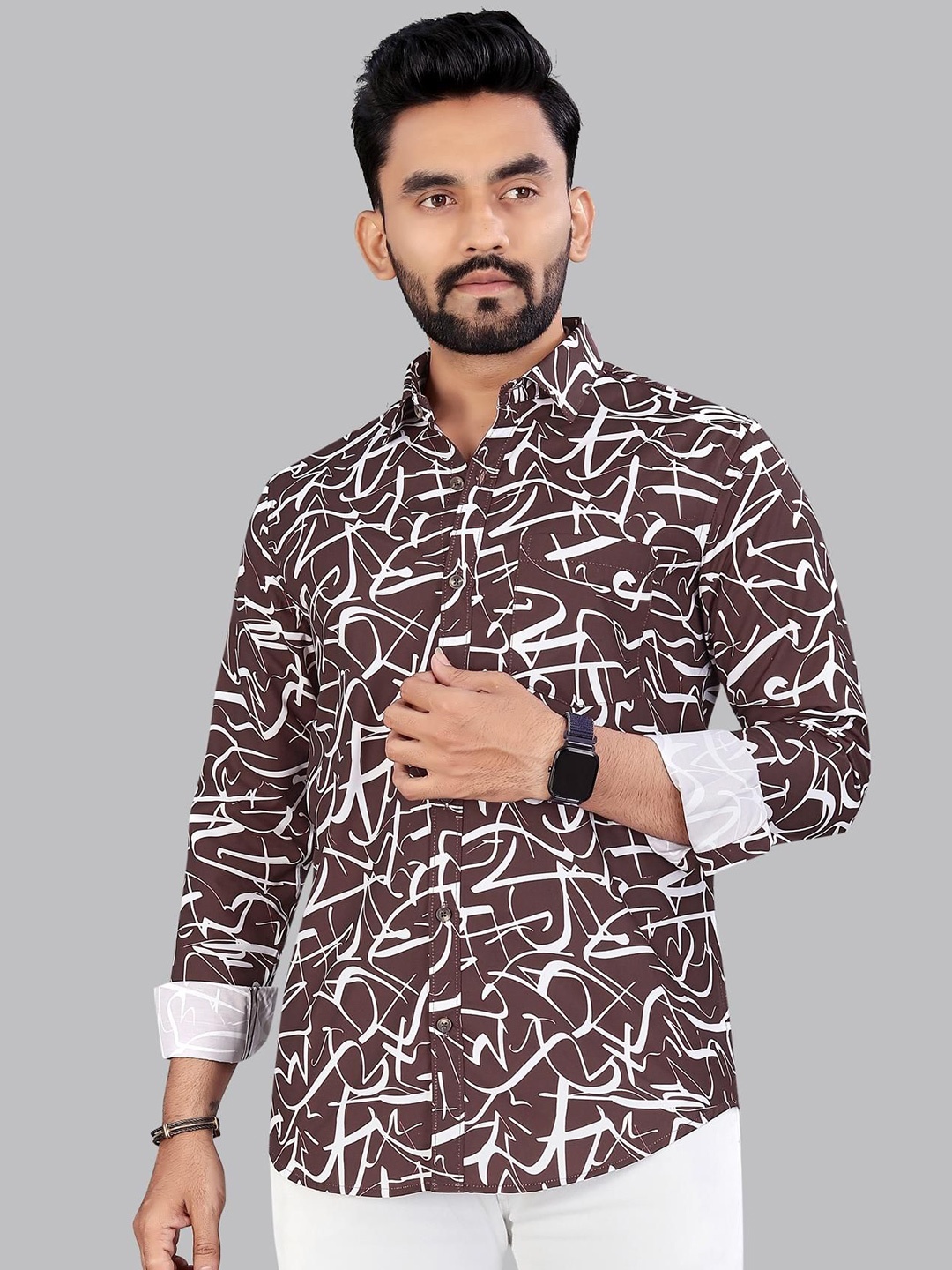 

Metronaut Men Classic Fit Spread Collar Abstract Printed Cotton Casual Shirt, Brown