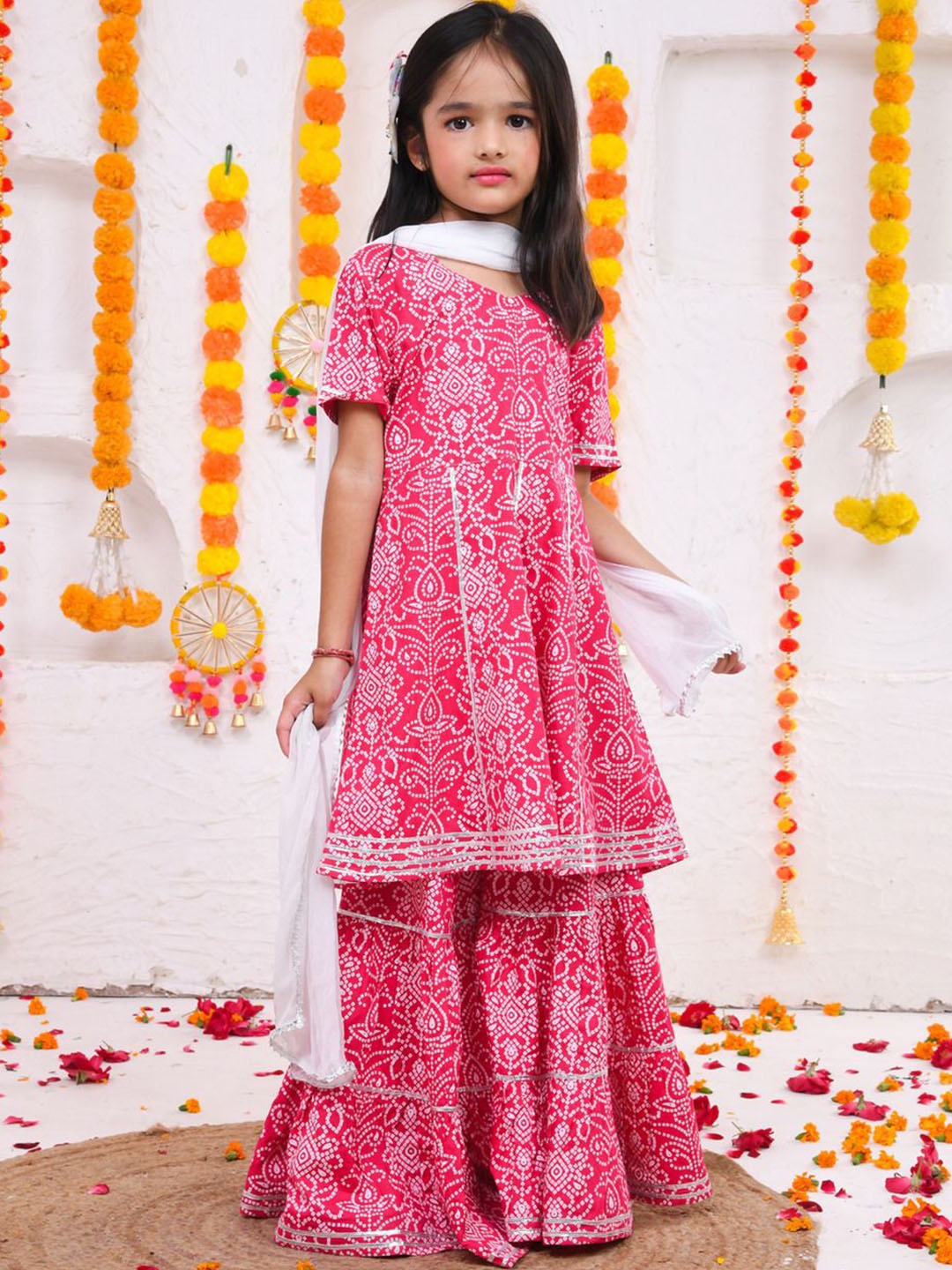 

i love legacy Girls Bandhani Printed Sweetheart Neck Anarkali Kurta With Sharara & Dupatta, Fuchsia