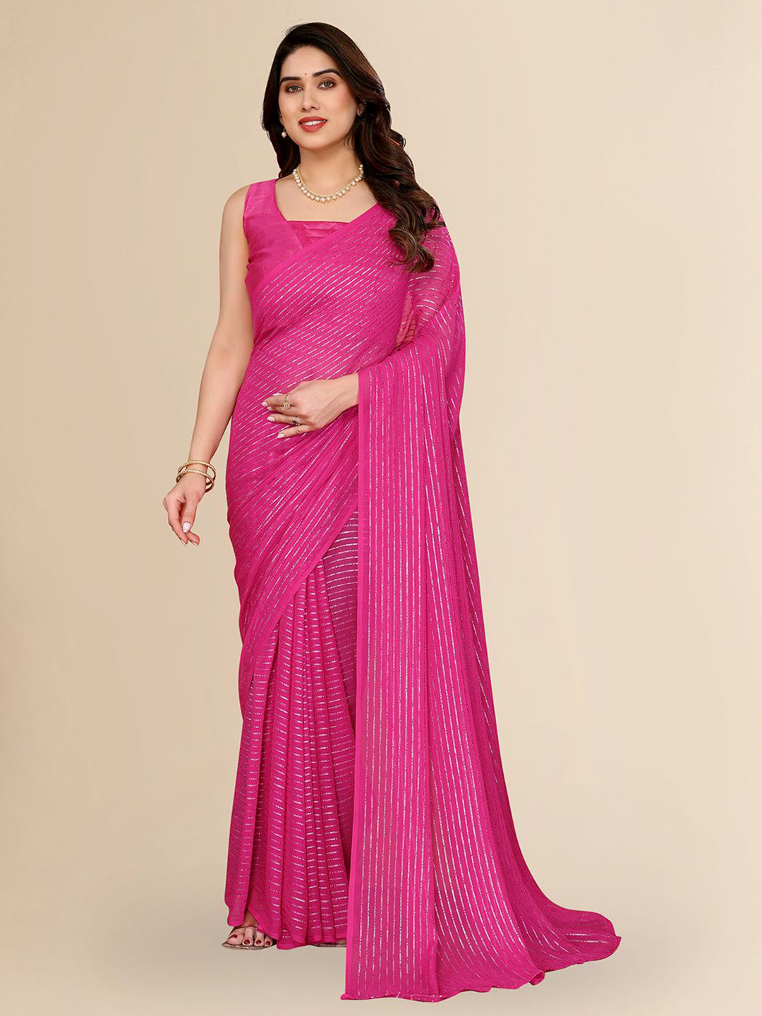 

Moda Rapido Woven Design Poly Georgette Saree, Pink