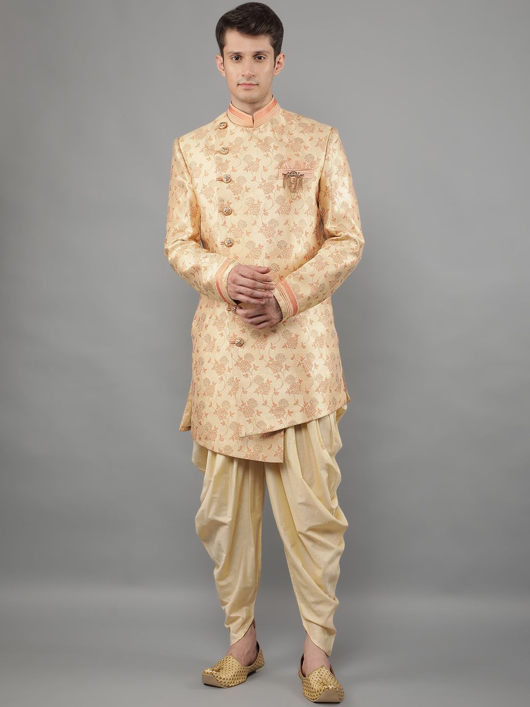 

Manish Creations Mandarin Collar Sherwani Set, Peach