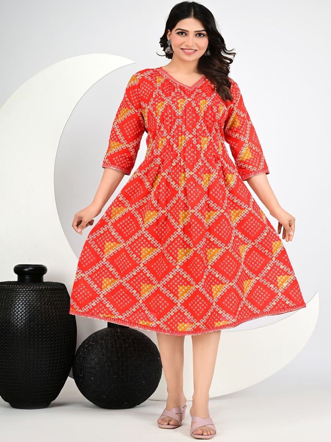 

Divsy Fashion Geometric Printed V-Neck Pure Cotton Fit & Flared Ethnic Dress, Red