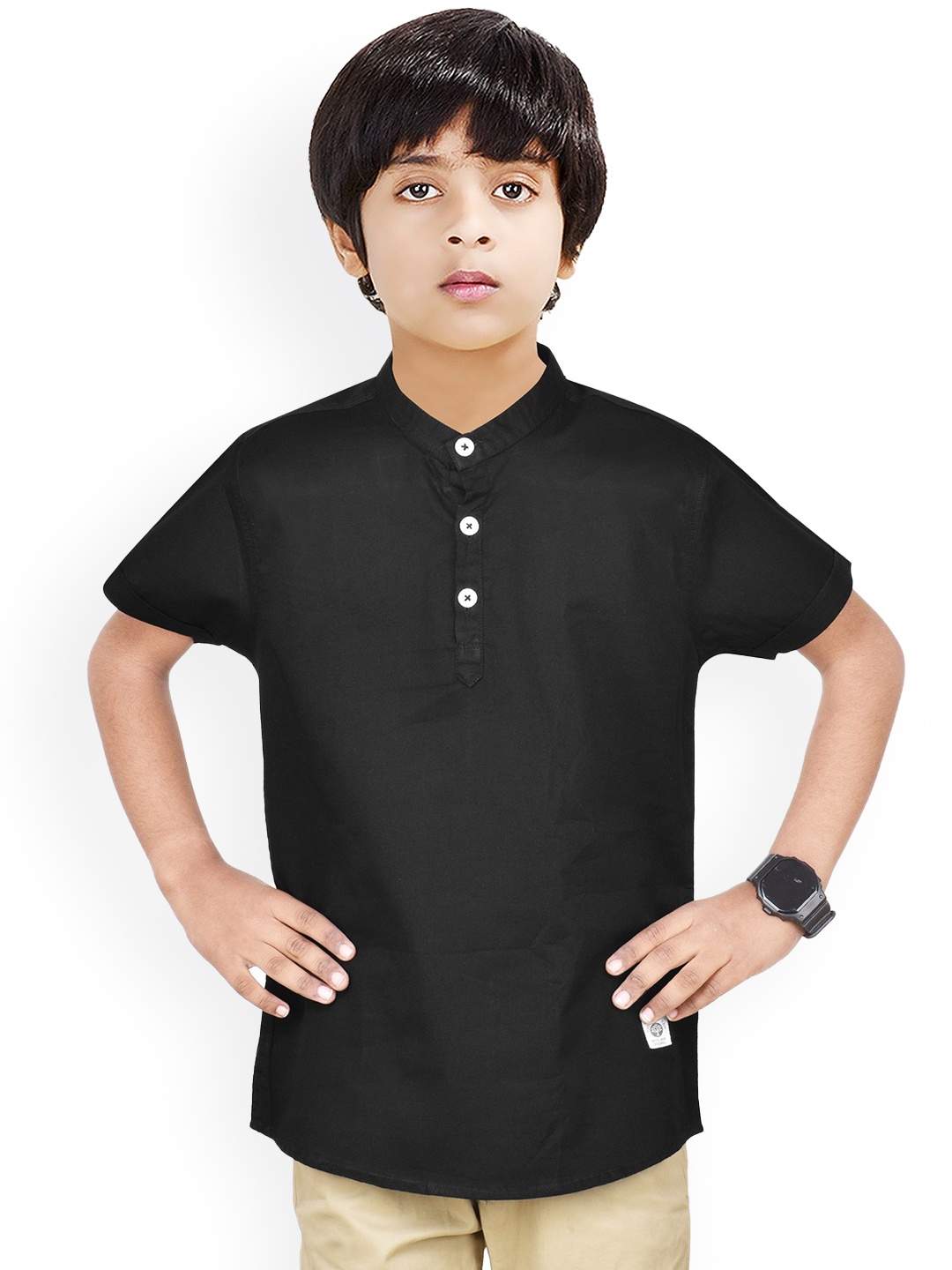 

MADE IN THE SHADE Boys Band Collar Pure Cotton Kurta, Black