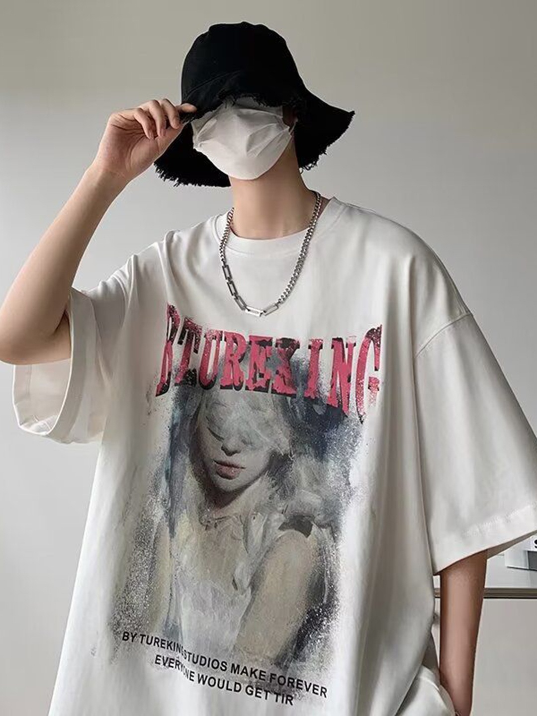 

HERE&NOW Men Photographic Printed Round Neck Cotton Oversized T-shirt, White