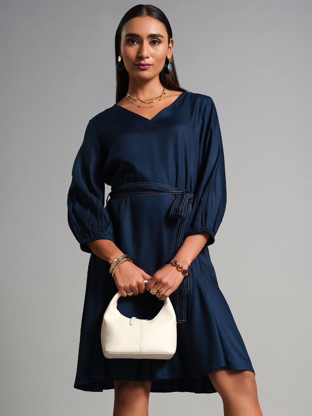 

AND Women V-Neck Puff Sleeve A-Line Dress, Navy blue