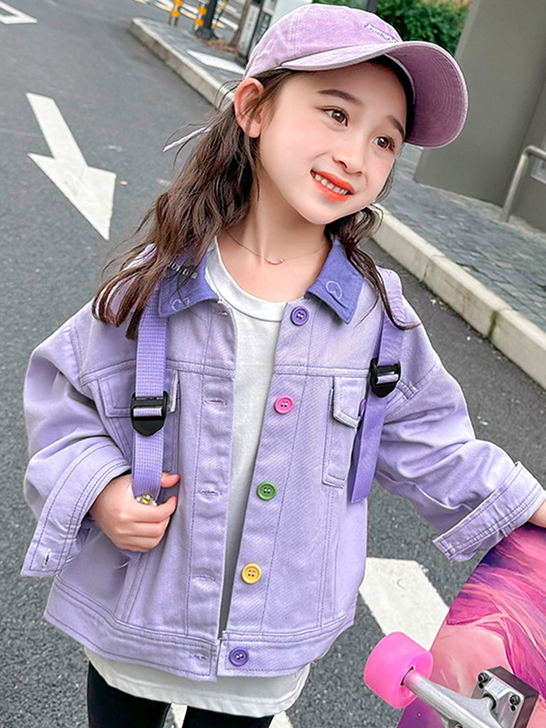 

LULU & SKY Girls Spread Collar Washed Solid Cotton Casual Denim Jacket, Purple