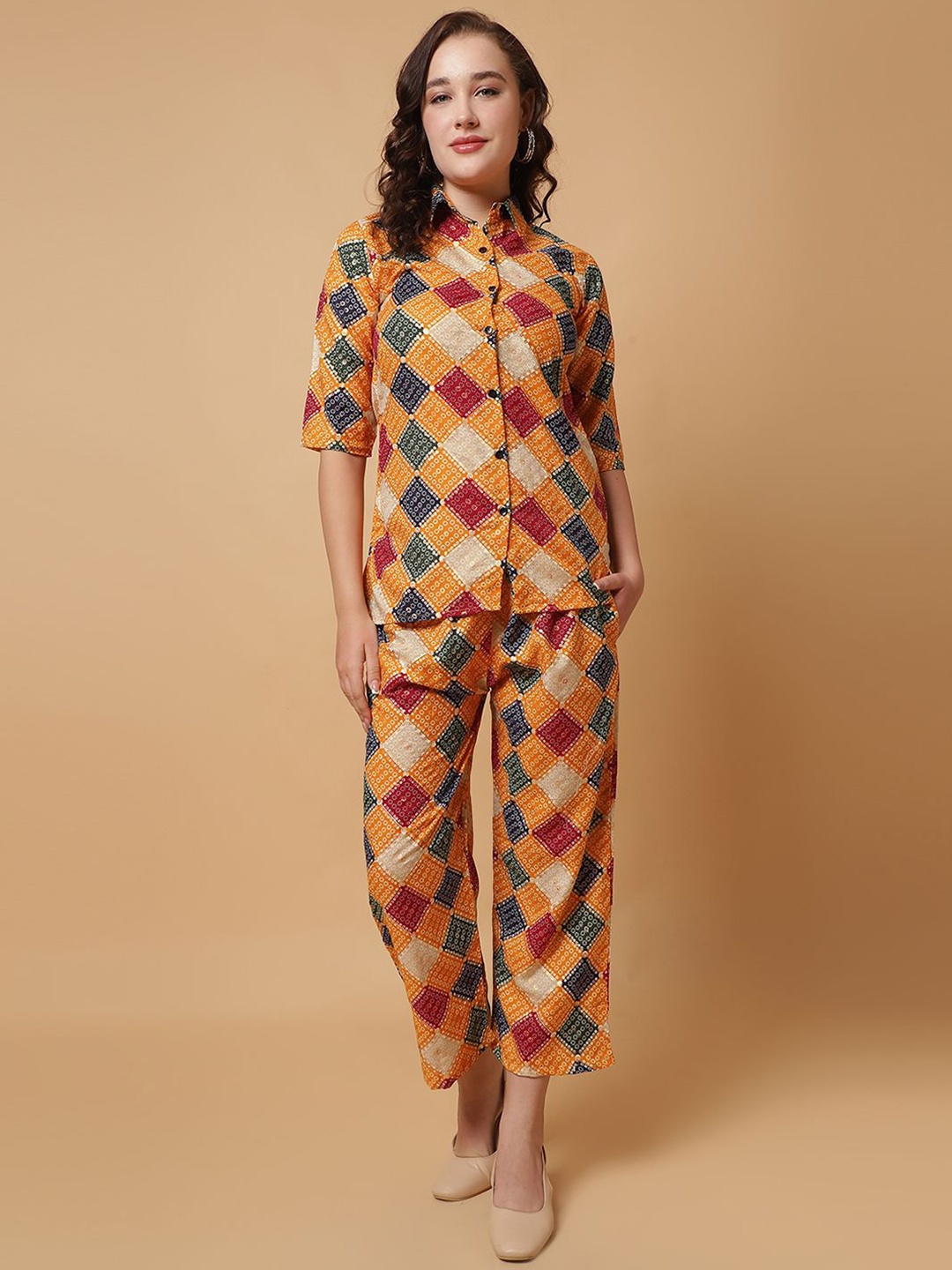 

ROSEMELON Geometric Printed Shirt Collar Shirt With Trouser, Red