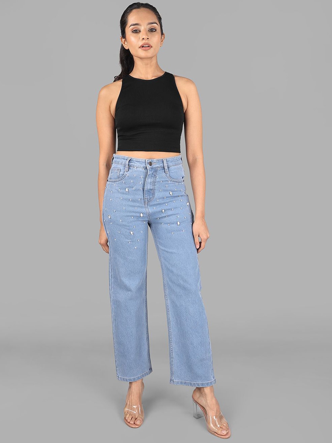 

Wear Your Words Women Twinkle Trail Rhinestone Embellished Cotton Jeans, Blue