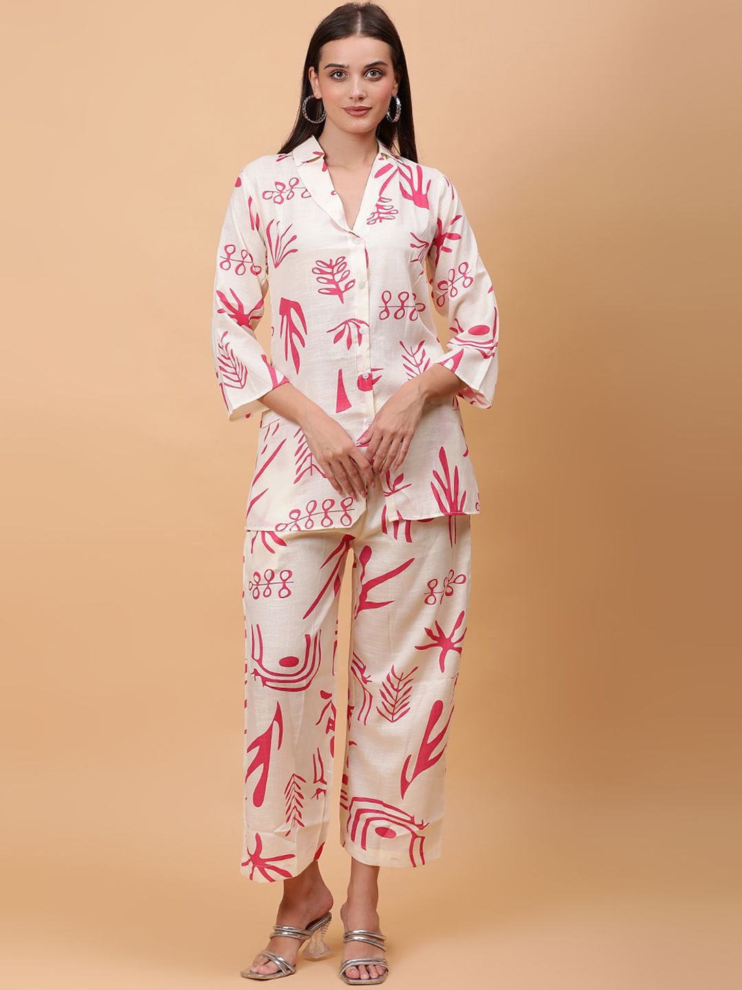 

ROSEMELON Floral Printed Lapel Collar Shirt With Trouser, White