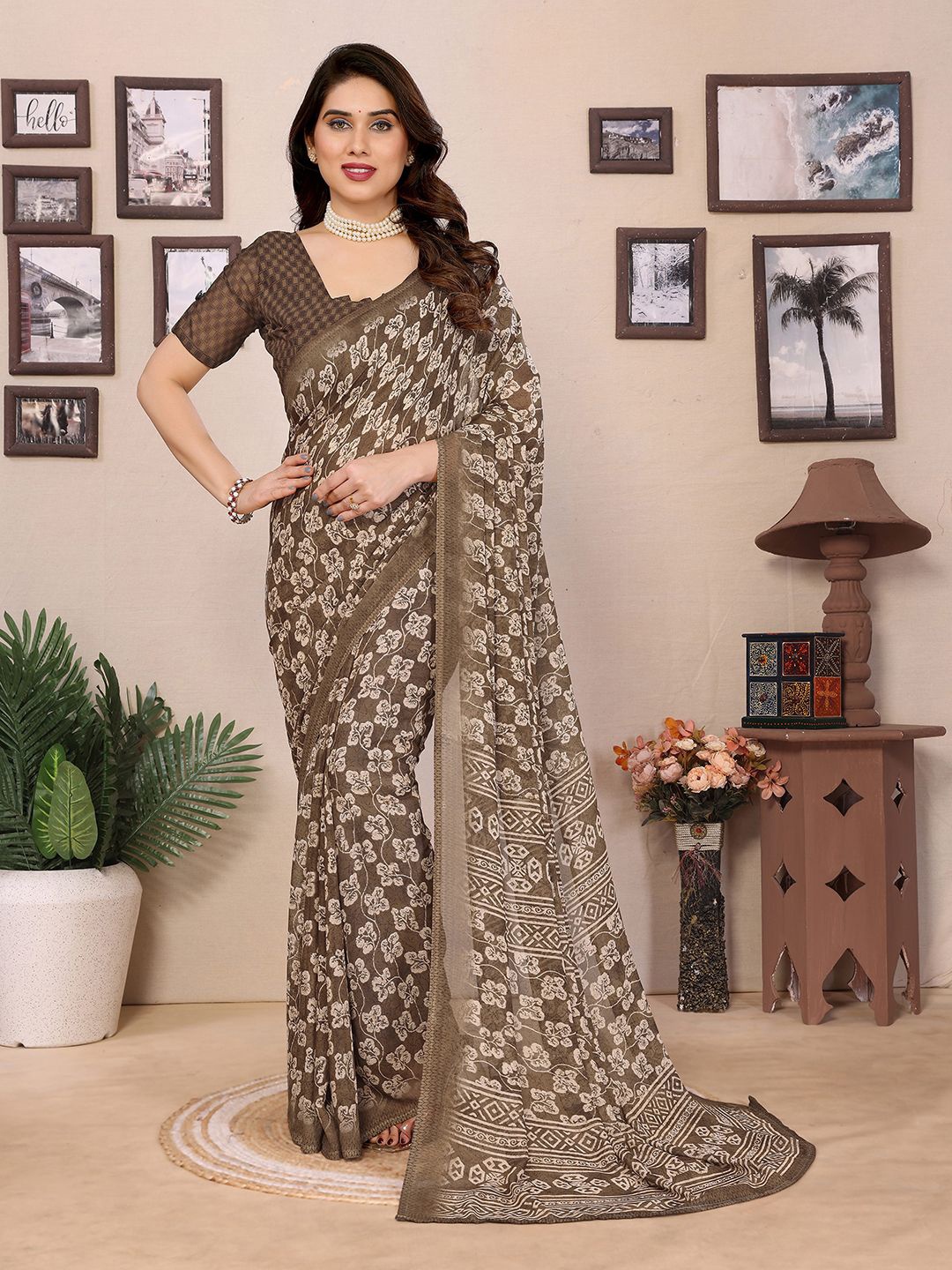

Moda Rapido Ethnic Motifs Poly Georgette Saree, Brown