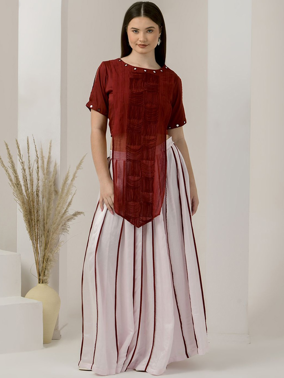 

First Resort by Ramola Bachchan Embroidered Boat Neck Asymmetric Top & Skirt, Red
