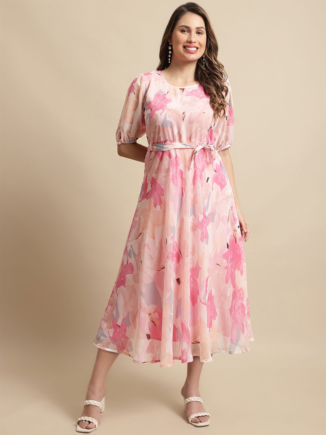 

Metronaut Floral Print Puff Sleeve Applique Georgette Fit & Flare Midi Dress, Pink