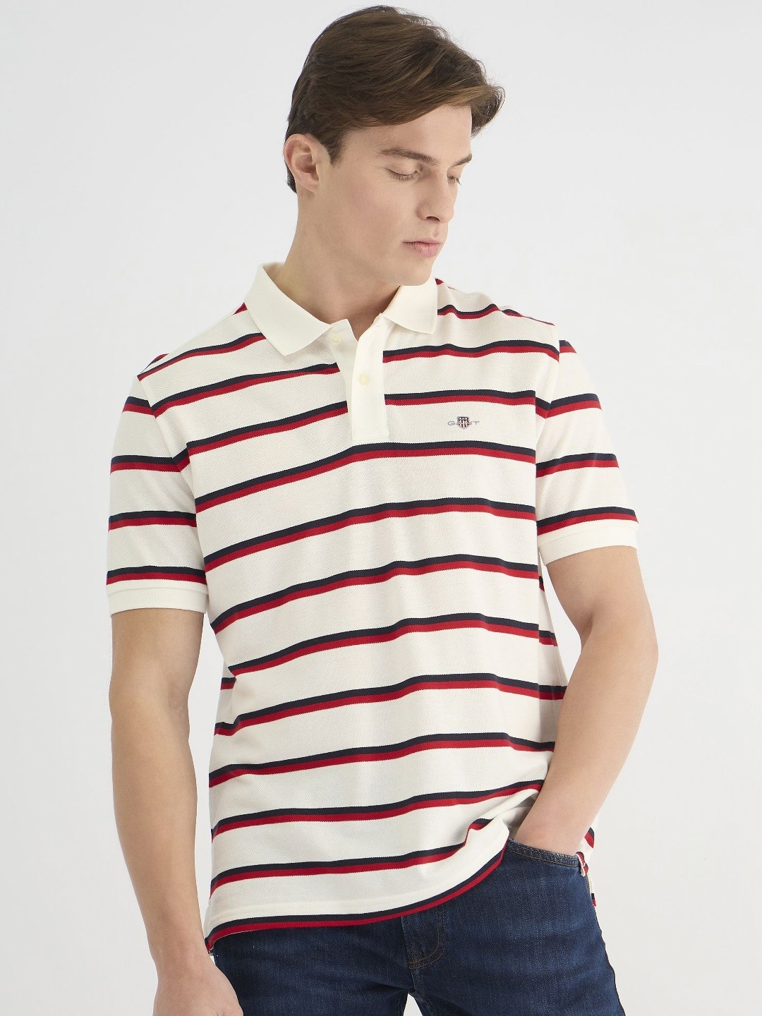 

GANT Men Striped Polo Collar Cotton T-shirt, Beige