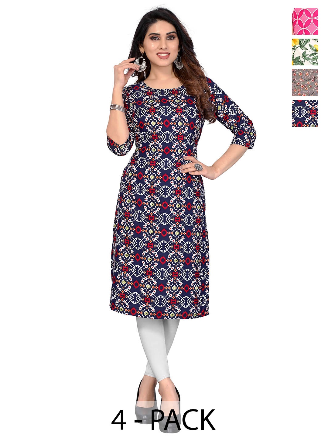 

KETAKI FASHION Selection Of 4 Geometric Printed Round Neck Straight Kurtas, Blue