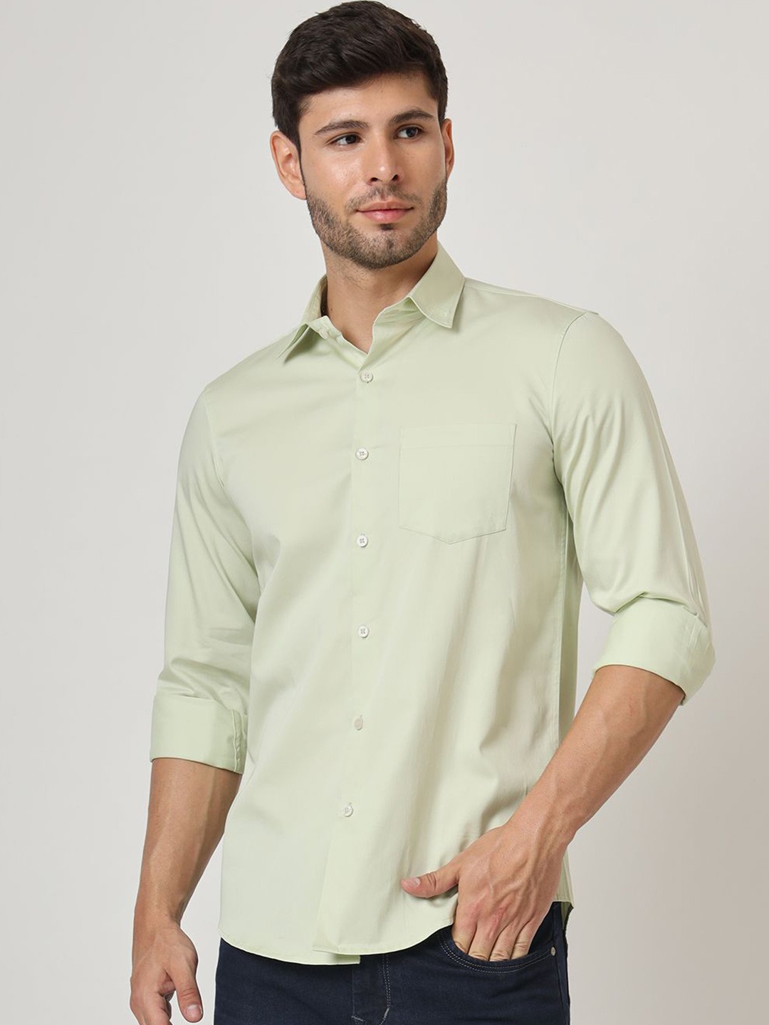 

AMSWAN Men Spread Collar Solid Satin Casual Shirt, Green