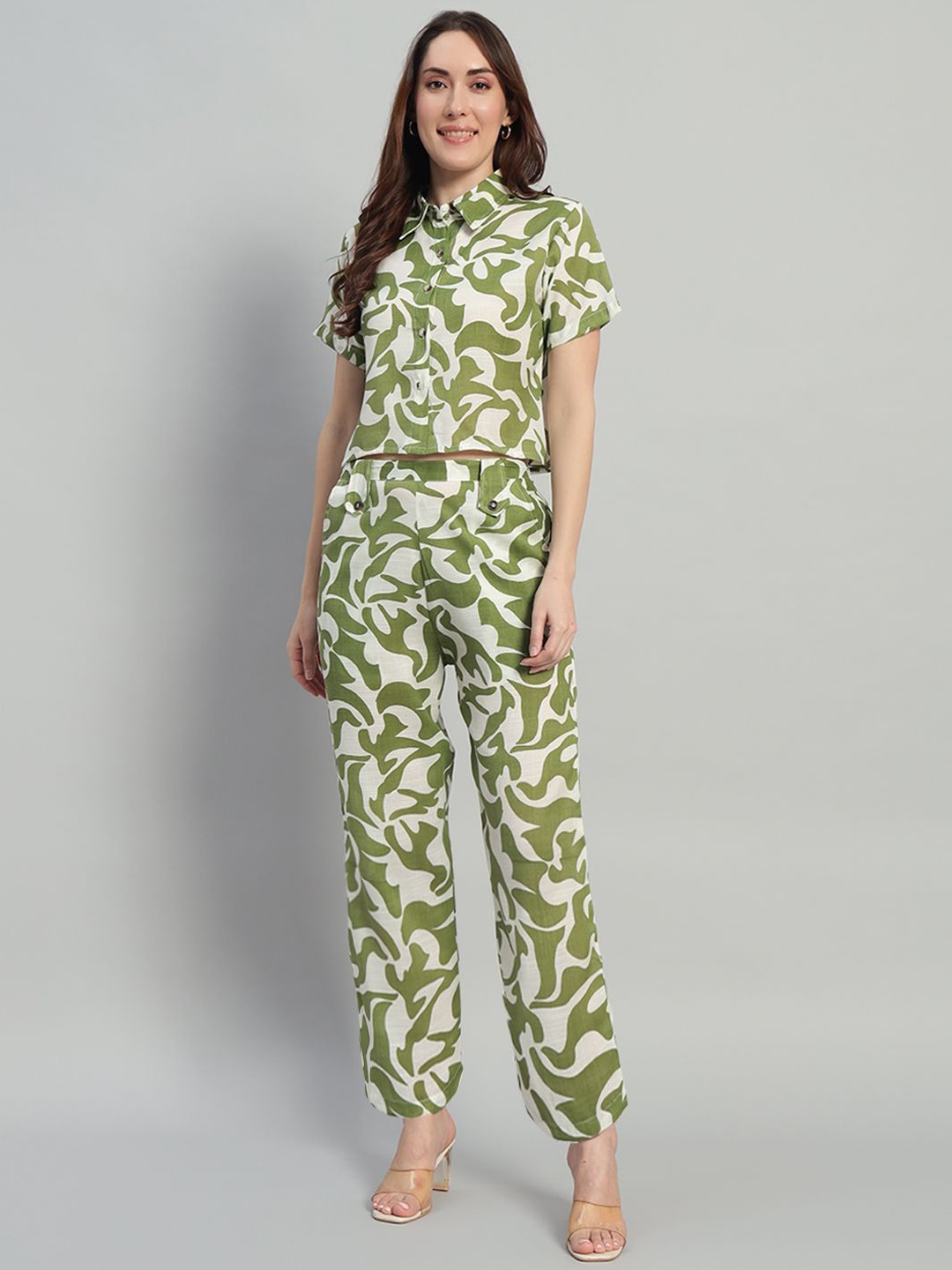 

ROSEMELON Abstract Printed Shirt Collar Shirt With Trouser, Olive