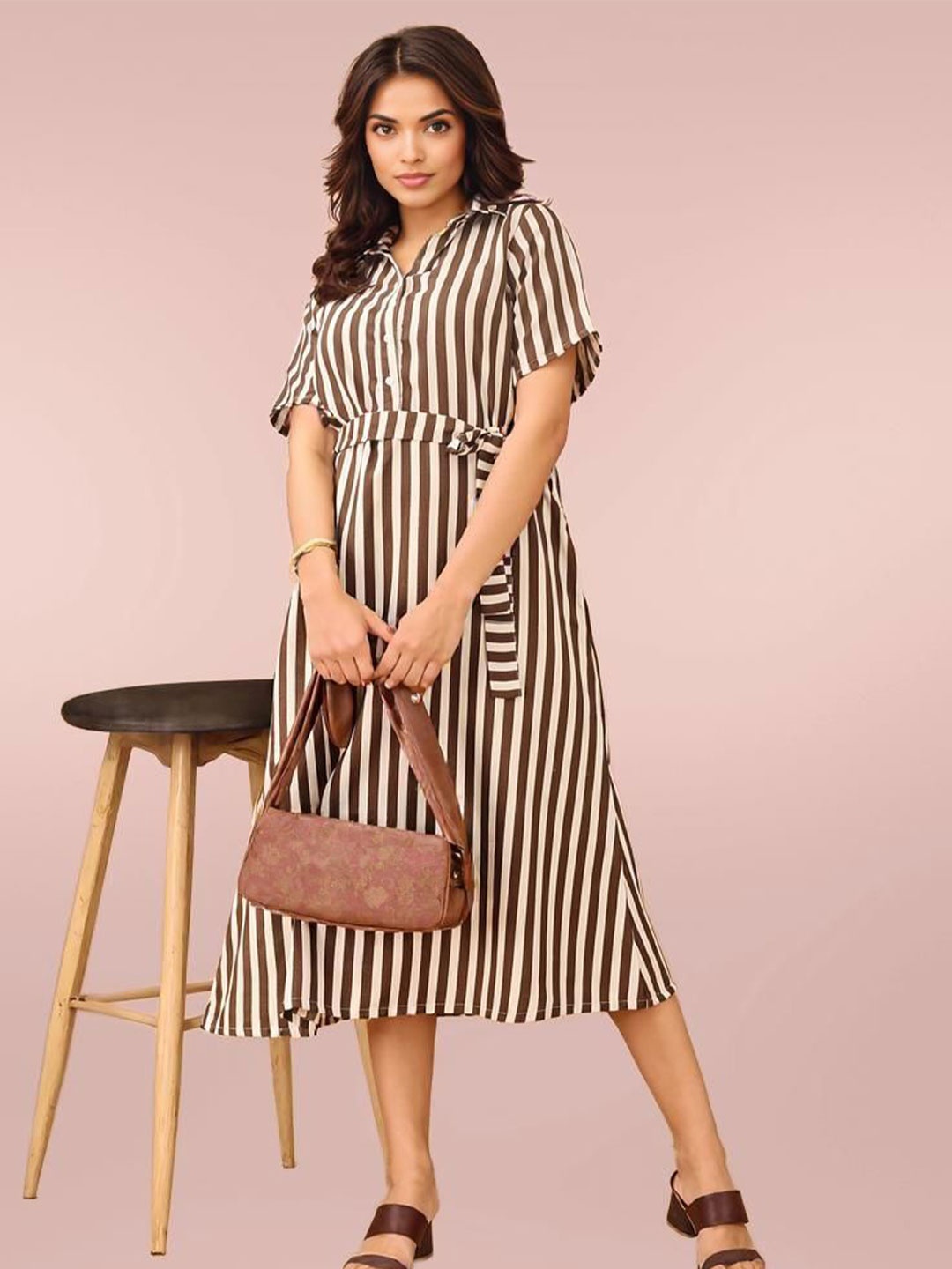 

DressBerry Striped Shirt Collar Cotton Belted Shirt Midi Dress, Brown