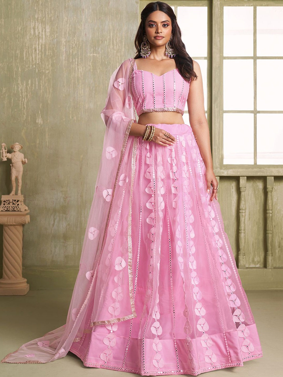 

FABPIXEL Floral Embroidered Mirror Work Semi-Stitched Lehenga With Choli & Dupatta, Pink