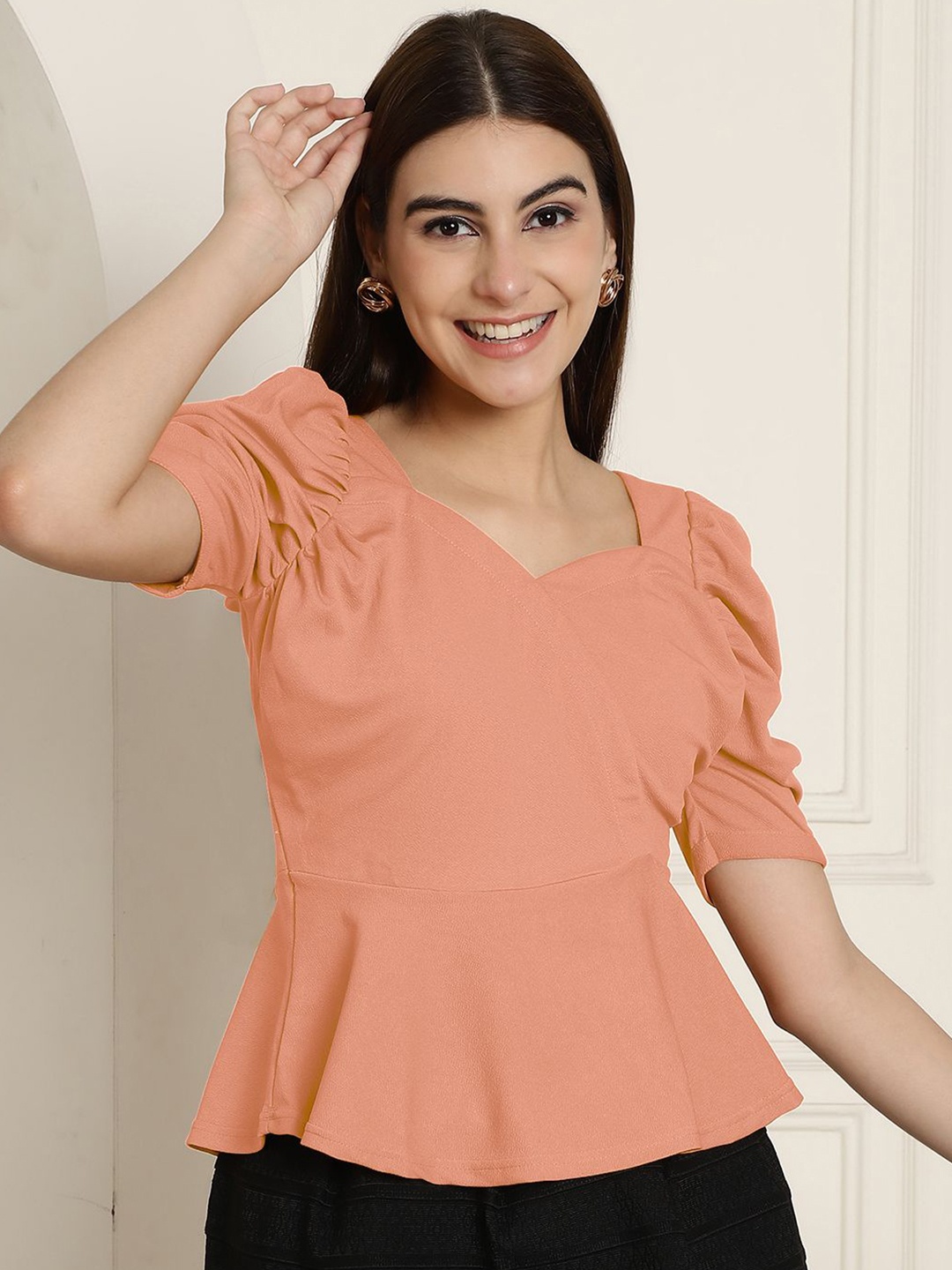 

Tromko Women Solid Sweetheart Neck Peplum Top, Peach