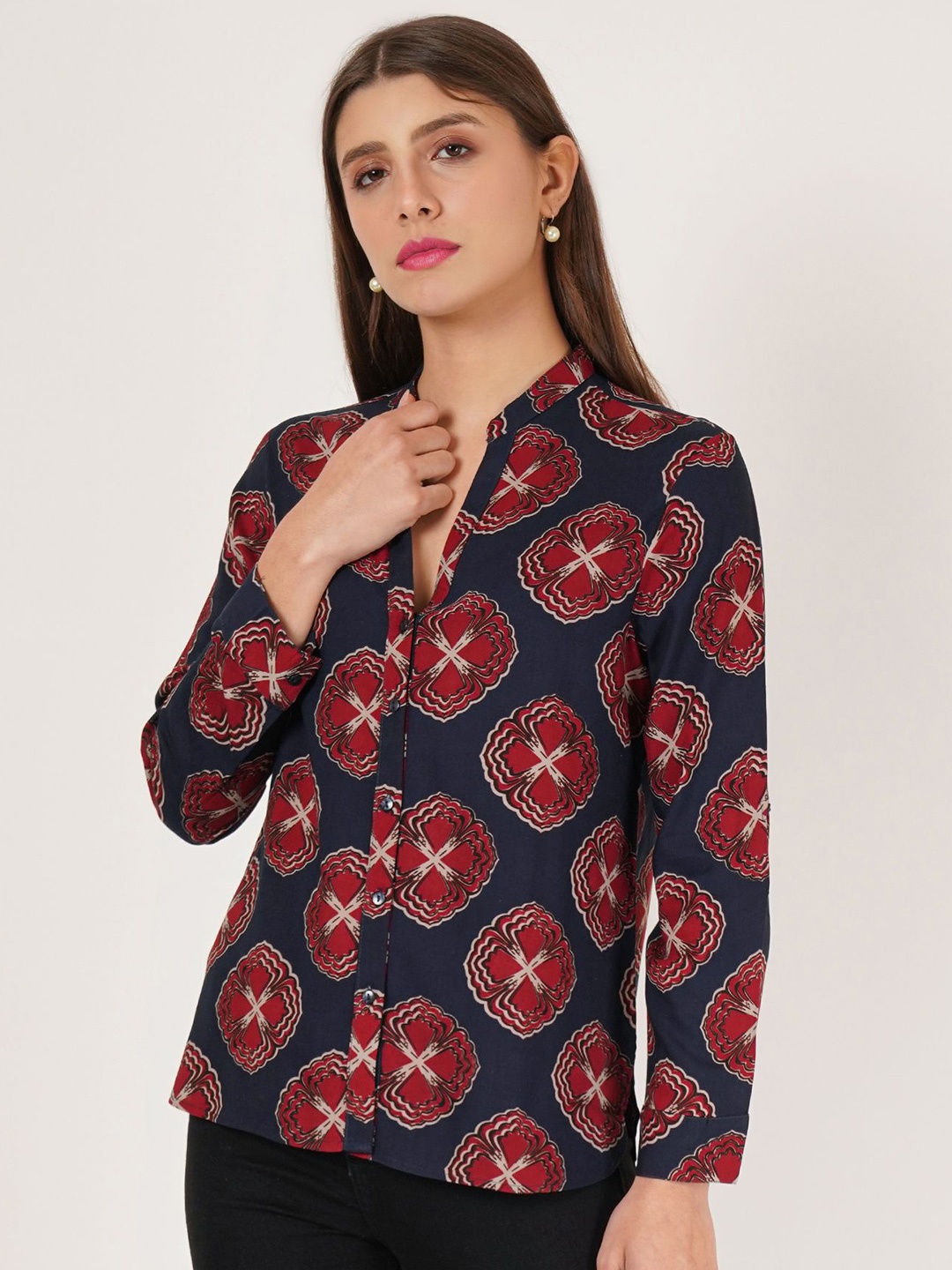 

IX IMPRESSION Floral Print Mandarin Collar Cotton Shirt Style Longline Top, Navy blue