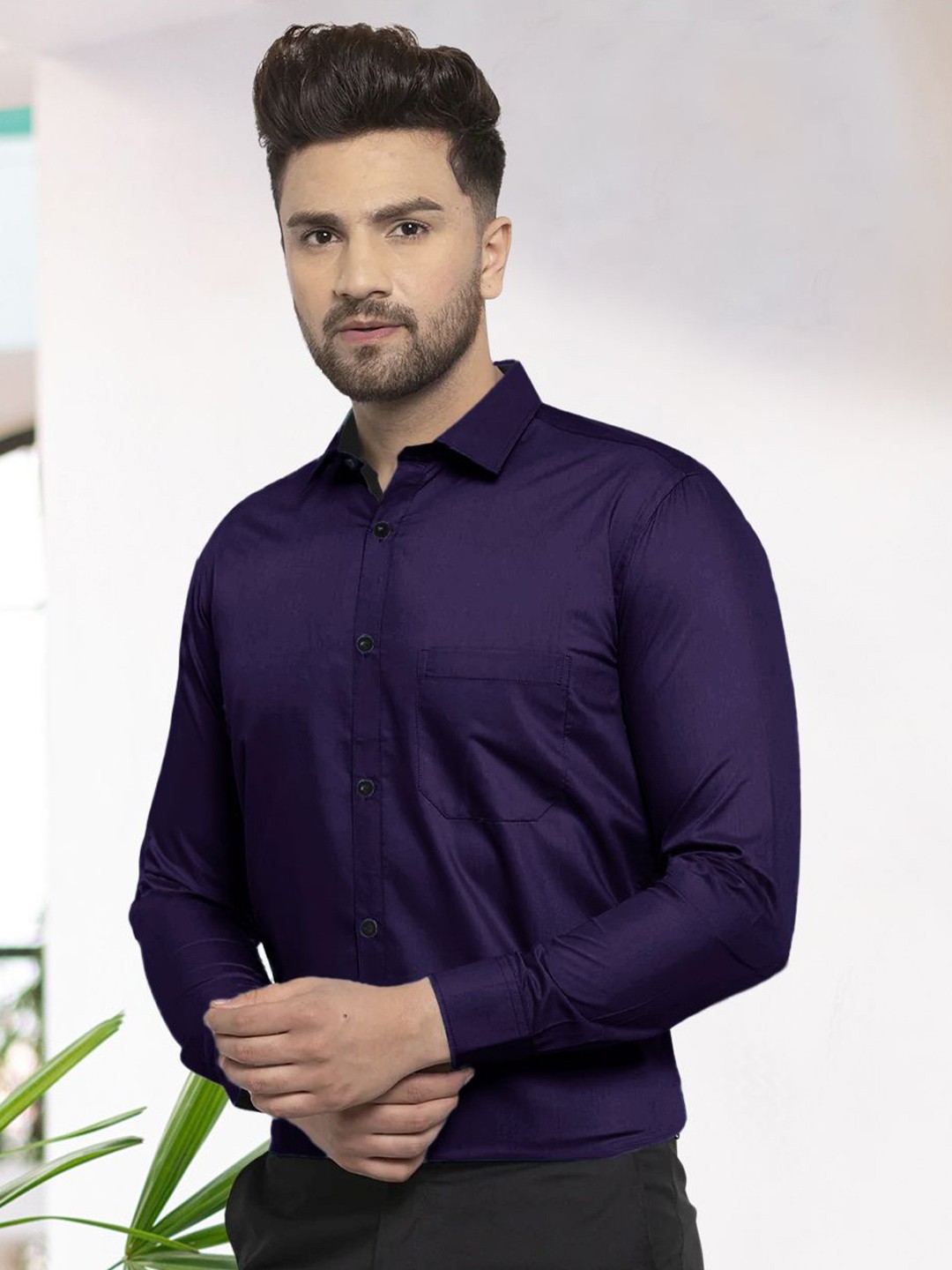 

Moda Rapido Men Standard Fit Spread Collar Solid Cotton Casual Shirt, Purple