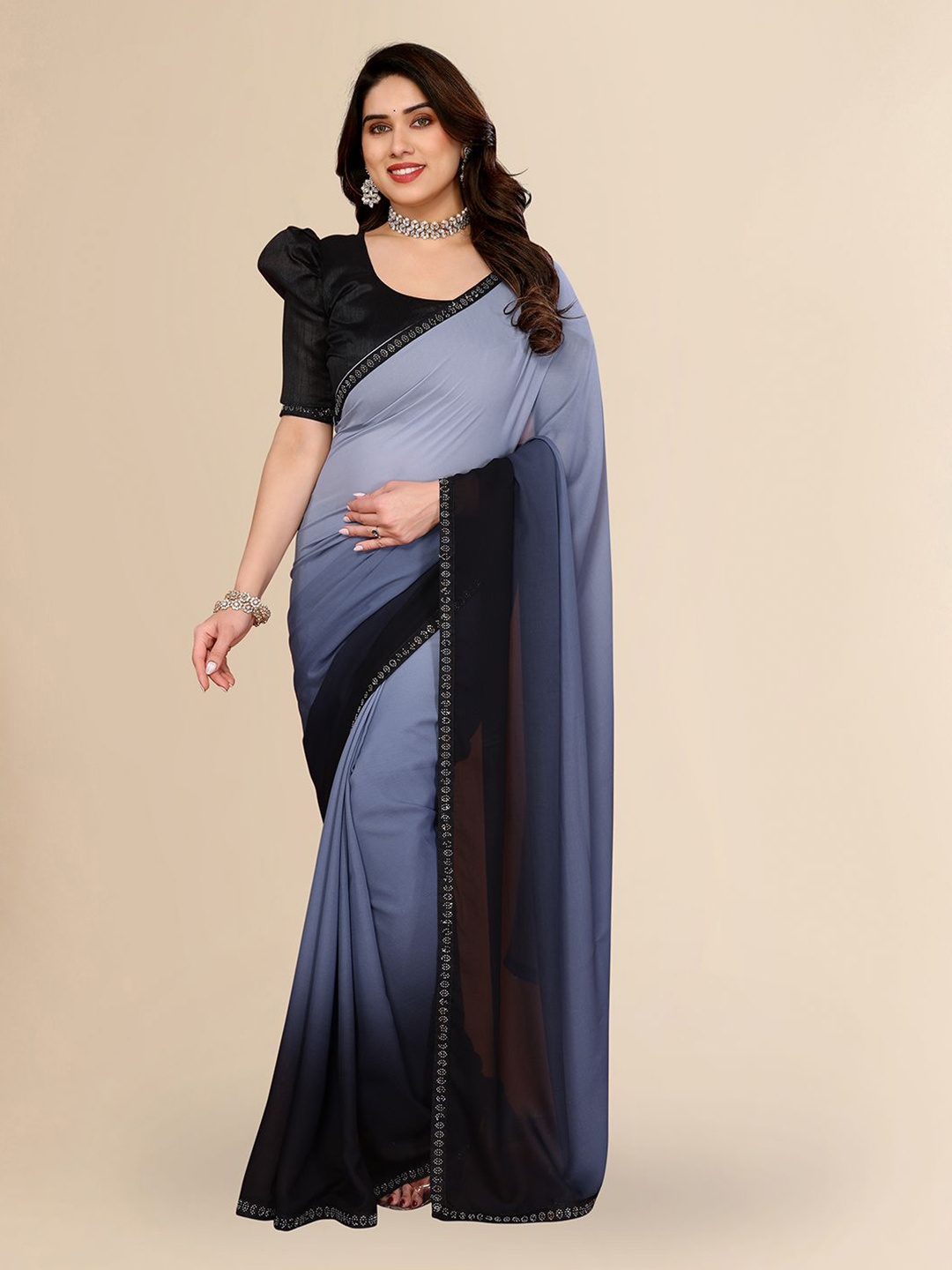 

Moda Rapido Ombre Beads and Stones Poly Georgette Saree, Grey